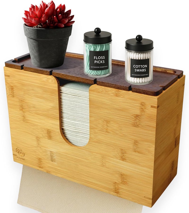 Ebun Bamboo Paper Towel Holder for Multifold, Cfold, Trifold, Zfold Towels – Wall Mount or Countertop Paper Hand Dispenser with Removable Lid Tray, Modern Rustic Design for Kitchen, Bathroom & Office - Image 1